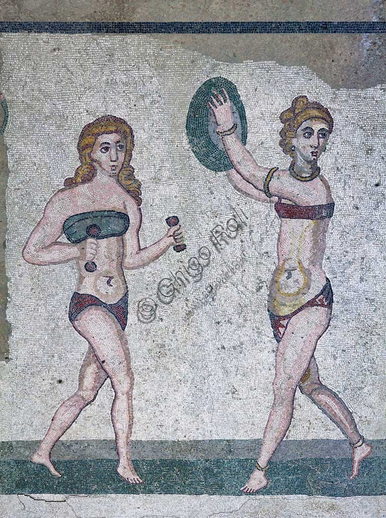 Detail floor mosaic Roman athletes bikini, Room of the Girls, Roman Villa del Casale, Sicily