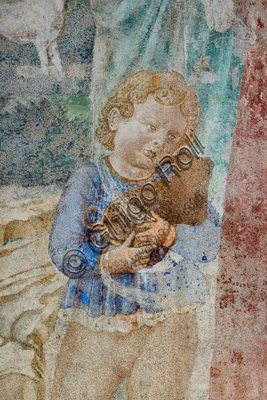 Dettaglio affresco Benozzo Gozzoli: bambino che porta un cagnolino, Torre di Babele, Camposanto Pisa