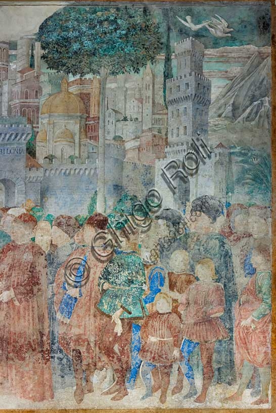 Detail of Construction of the Tower of Babel fresco by Benozzo Gozzoli, Pisa Cemetery, Italian Renaissance art