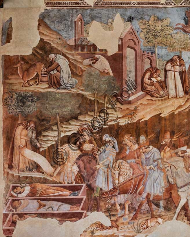 Dettaglio dell'affresco Trionfo della Morte di Buonamico Buffalmacco, particolare con l'incontro tra i vivi e i morti, Camposanto di Pisa