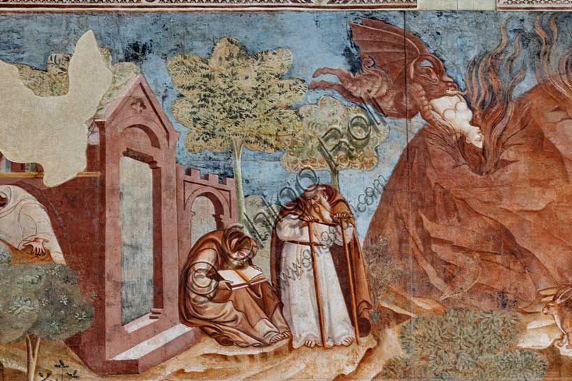 Dettaglio del Trionfo della Morte, affresco di Buonamico Buffalmacco nel Camposanto di Pisa, raffigurante scene di vita eremitica, 1336-1341