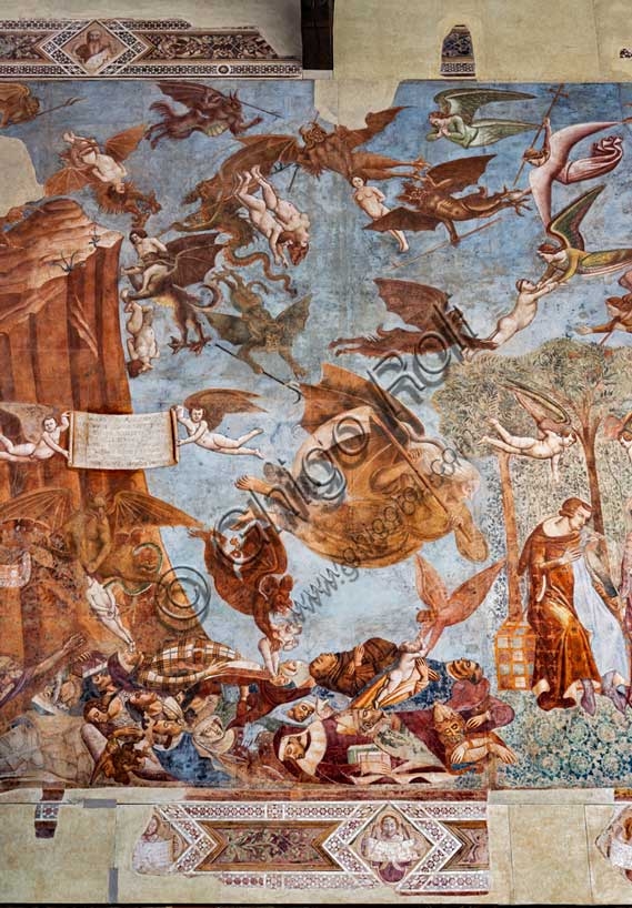 Dettaglio affresco Trionfo della Morte di Buonamico Buffalmacco, Camposanto Pisa, anime peste e diavoli
