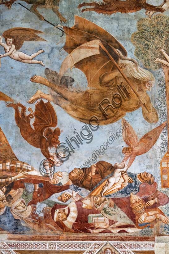 Affresco Trionfo della Morte di Buonamico Buffalmacco nel Camposanto di Pisa, dettaglio anime peste e diavoli, 1336-1341