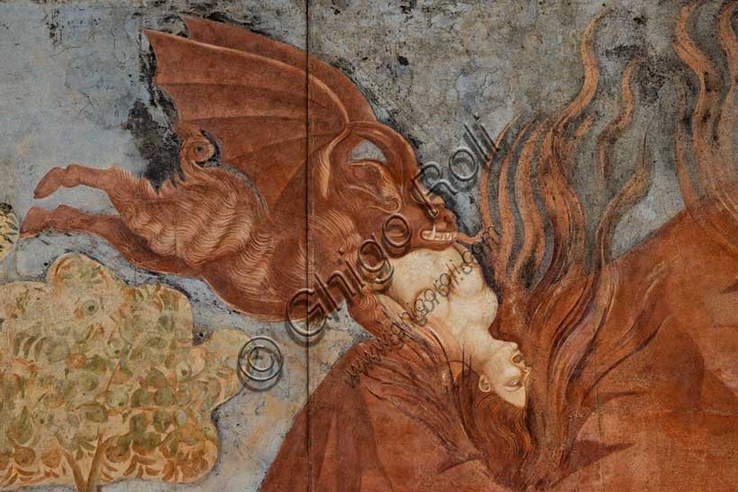 Dettaglio affresco Trionfo della Morte Buffalmacco, diavolo che afferra anima defunta, Camposanto Monumentale Pisa