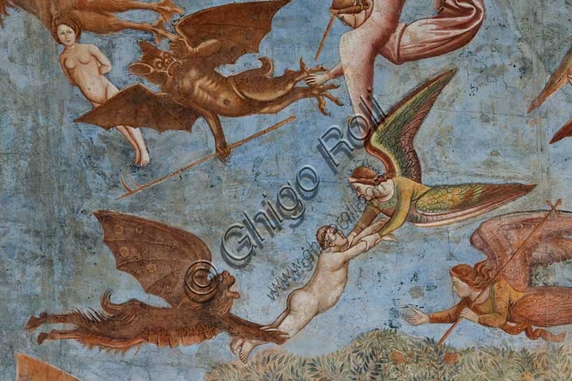 Dettaglio affresco Trionfo della Morte, Buffalmacco, battaglia angeli demoni pipistrello, Camposanto Pisa