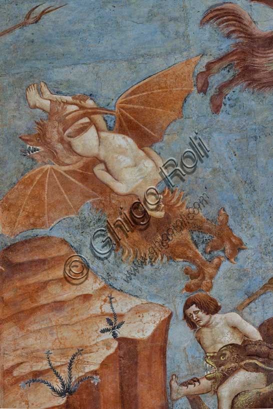 Dettaglio della battaglia tra angeli e demoni pipistrello nel Trionfo della Morte di Buonamico Buffalmacco, Camposanto di Pisa, 1336-1341