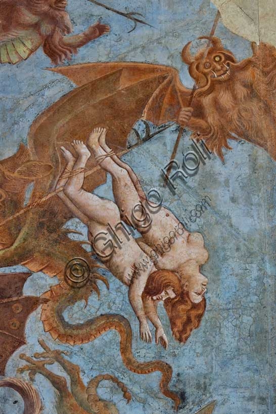 Parte degli affreschi di Buonamico Buffalmacco, 1336/1341, con la battaglia tra angeli e demoni pipistrello nel Trionfo della Morte, Camposanto monumentale di Pisa.