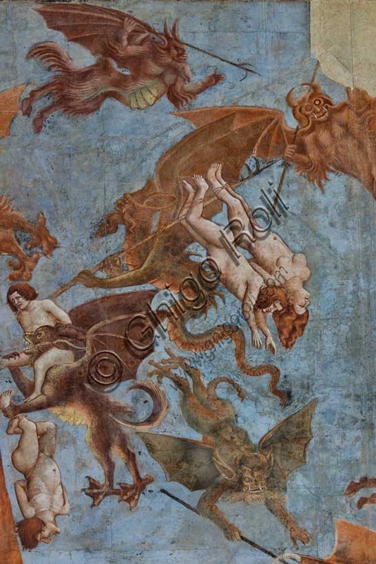 Trionfo della Morte Buffalmacco Pisa, dettaglio battaglia angeli demoni anime affresco Camposanto