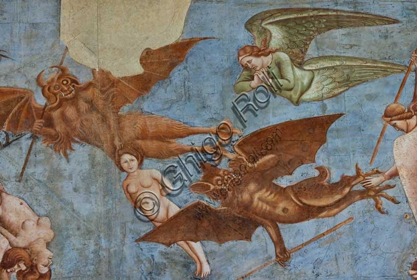 Dettaglio del Trionfo della Morte di Buonamico Buffalmacco: angeli e demoni combattono per le anime nel Camposanto monumentale di Pisa
