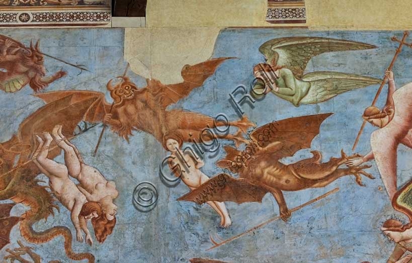 Dettaglio affresco Trionfo della Morte, Buonamico Buffalmacco, battaglia angeli demoni pipistrello, Camposanto Pisa