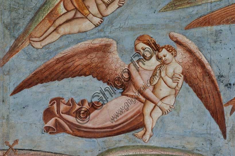 Dettaglio affresco Trionfo della Morte di Buonamico Buffalmacco, Cimitero Monumentale di Pisa, battaglia tra angeli e demoni pipistrello