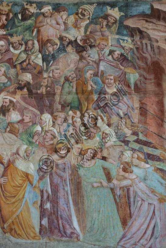 Dettaglio dell'affresco Giudizio Universale di Buonamico Buffalmacco nel Camposanto di Pisa che mostra un gruppo di peccatori.