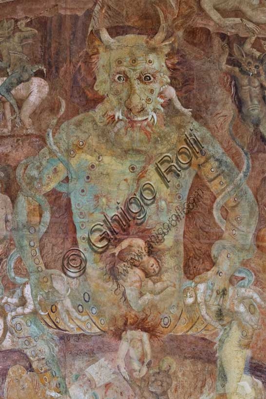 Dettaglio dell'affresco dell'Inferno con Lucifero gigantesco nel Camposanto monumentale di Pisa, opera di Buonamico Buffalmacco (1336-1341)