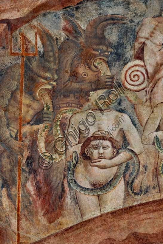 Parte centrale dell'affresco L'Inferno di Buonamico Buffalmacco nel Camposanto di Pisa raffigurante il girone degli indovini e degli idolatri, arte trecentesca toscana