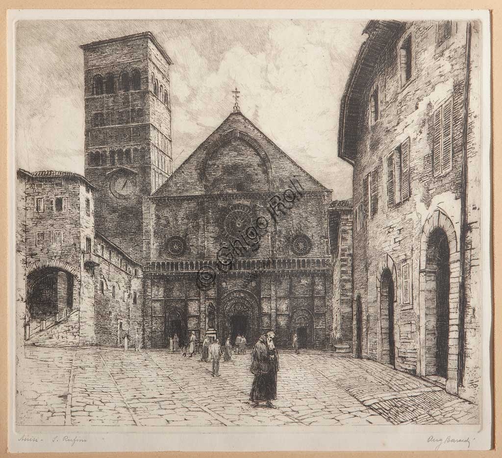 Acquaforte di Augusto Baracchi raffigurante la facciata della Cattedrale di San Rufino ad Assisi