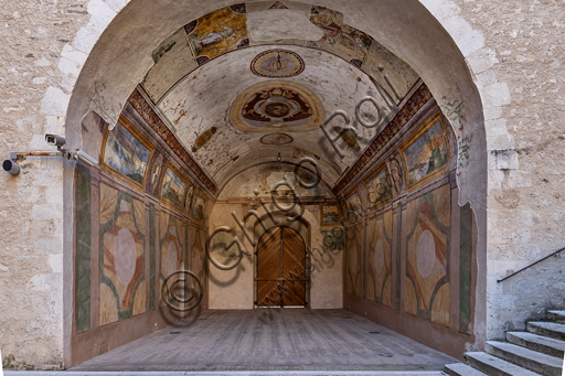 16th-17th century frescoes in the hallway between courtyards, Rocca Albornoz fortress, Spoleto