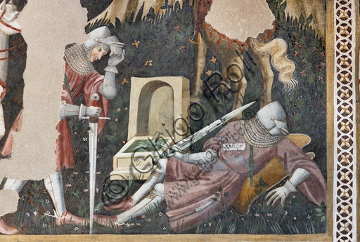 Dettaglio affresco cavalleresco con cavallo e cavalieri, Camera Pinta, Rocca Albornoz di Spoleto