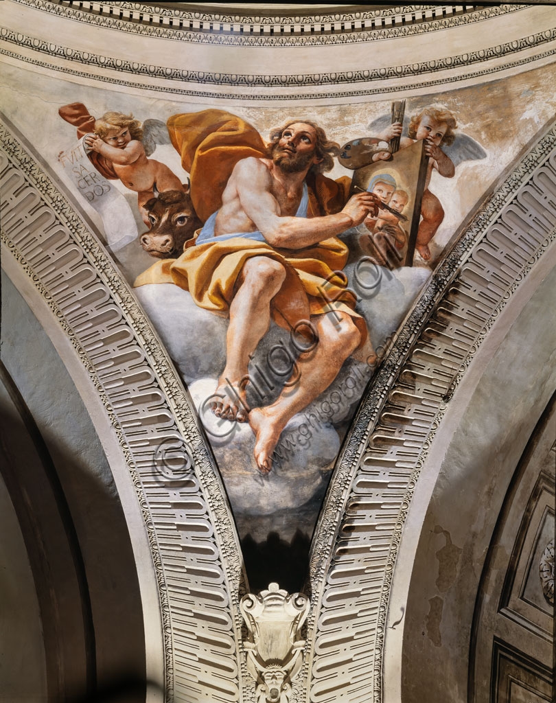 Baroque fresco St. Luke the Evangelist by Mattia Preti, pictorial detail of the pendentive in the Church of S. Biagio in Modena