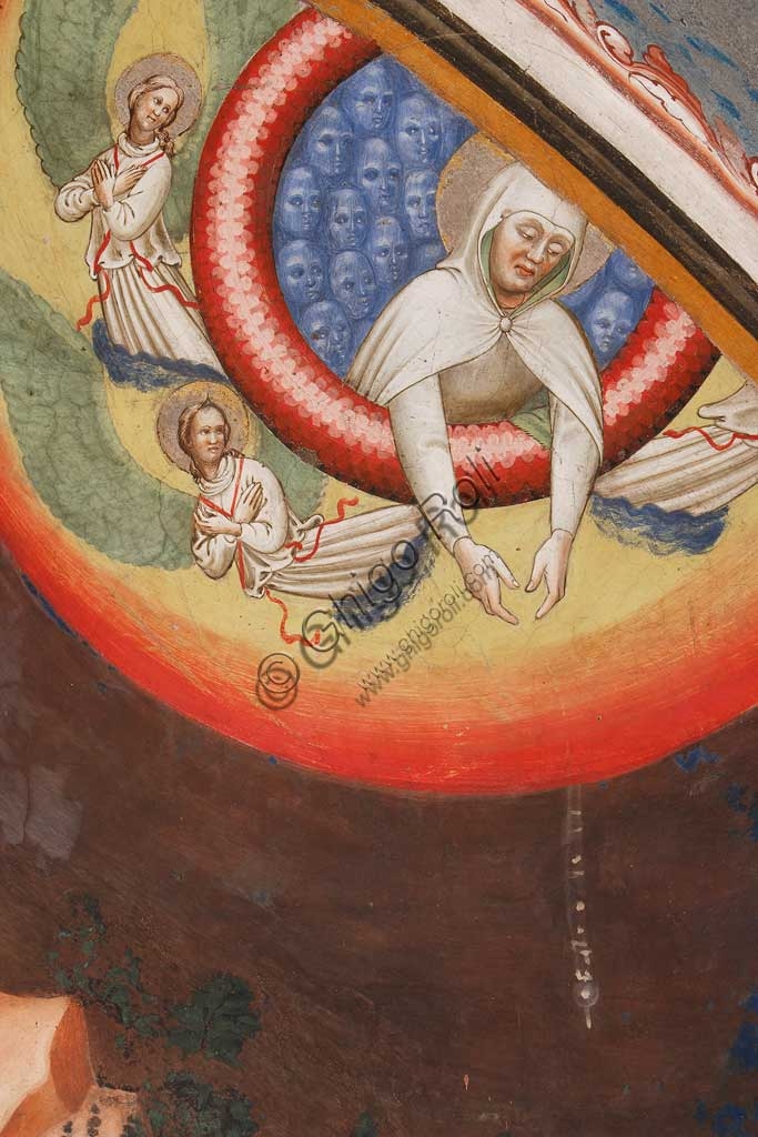 Detail of the fresco of the Virgin Mary dropping the sacred girdle to Saint Thomas the Apostle, Contrari Chapel, Vignola Stronghold