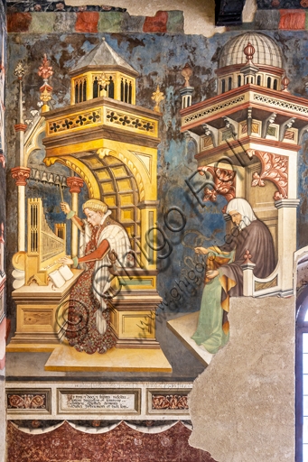 Dettaglio affresco: personificazione della Musica a sinistra e della Dialettica a destra, Sala delle Arti Liberali, Palazzo Trinci, Foligno.