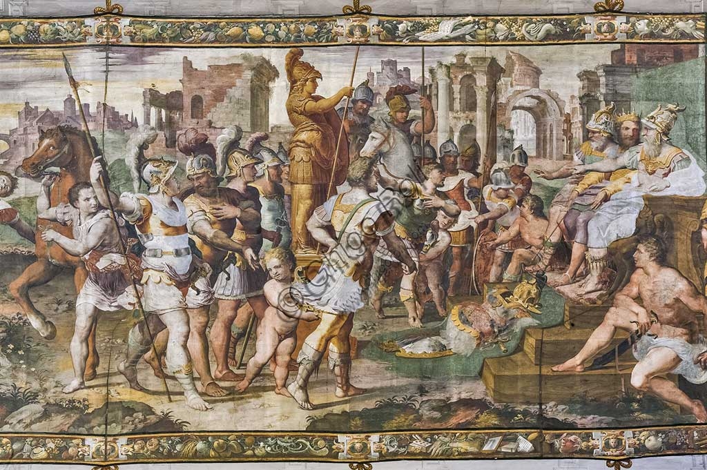 Affresco della volta del Salone di Ulisse a Bergamo: Ulisse e Aiace contendono l'armatura di Achille