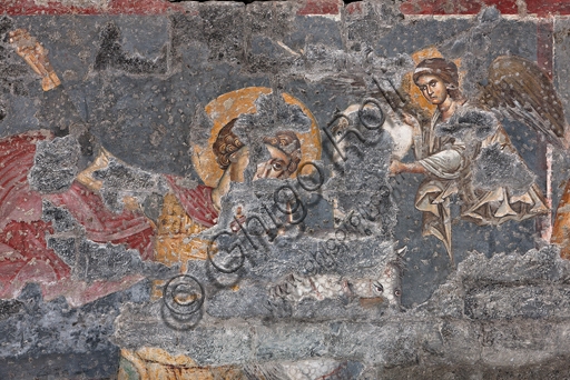 Detail fresco St. George and angel, St. Lawrence Cathedral Genoa, Byzantine-style painting 1300