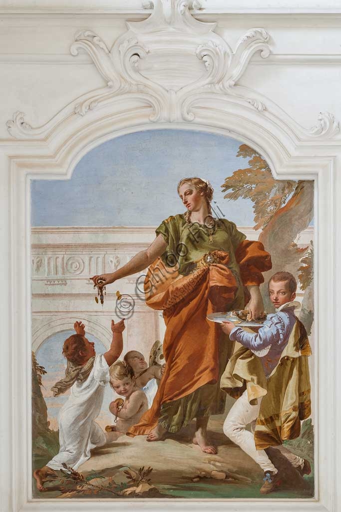 Allegorical ceiling fresco by Giambattista Tiepolo, Generosity distributing gifts, Villa Loschi Motterle hall of honour