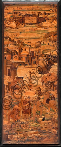 Tarsia lignea Allegoria di Giovanni Francesco Zambelli, coro Duomo di Genova, dettaglio arte rinascimentale