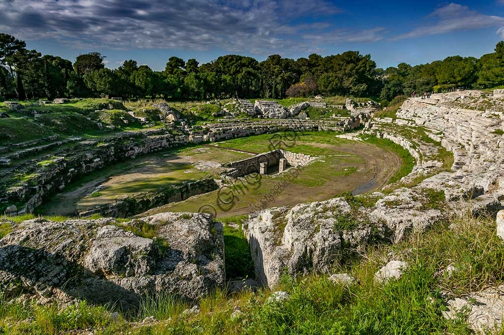 Aerial view of the Roman Amphitheatre in the Neapolis Archaeological Park of Syracuse, Sicily