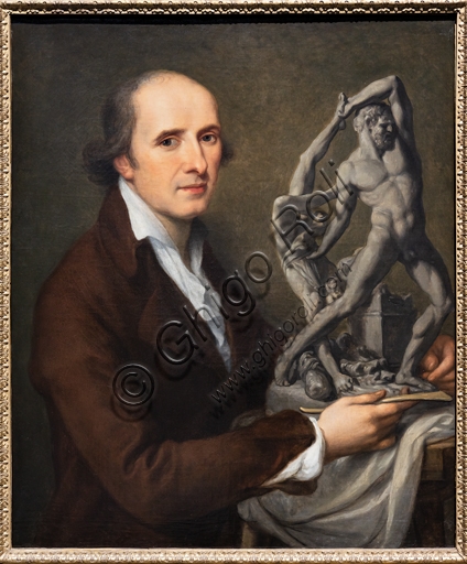 Painting by Angelika Kauffmann: portrait of Antonio Canova holding the model of the Hercules and Lychas statue