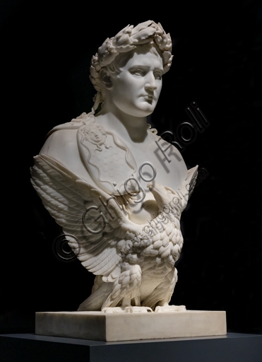 Marble sculpture bust of Napoleon Bonaparte, titled The Apotheosis of Napoleon by Bertel Thorvaldsen