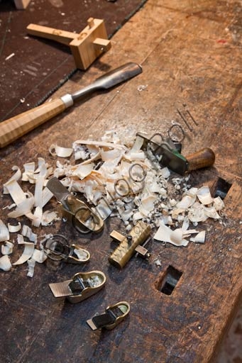 Collection of traditional luthier hand tools in Stefano Conia's workshop in Cremona