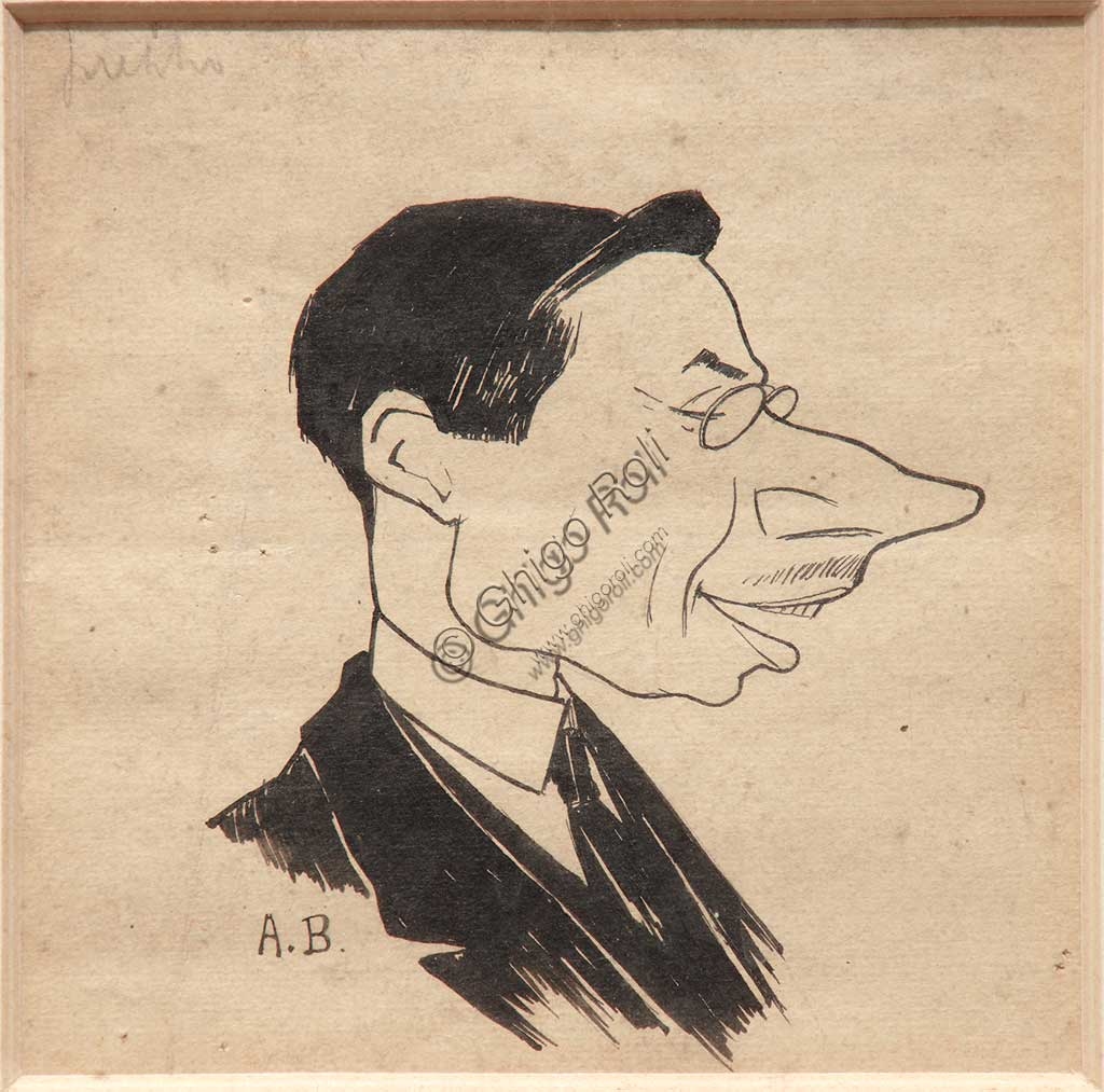 Caricatura Augusto Baracchi, disegno a inchiostro nero su carta, Collezione Assicoop-Unipol