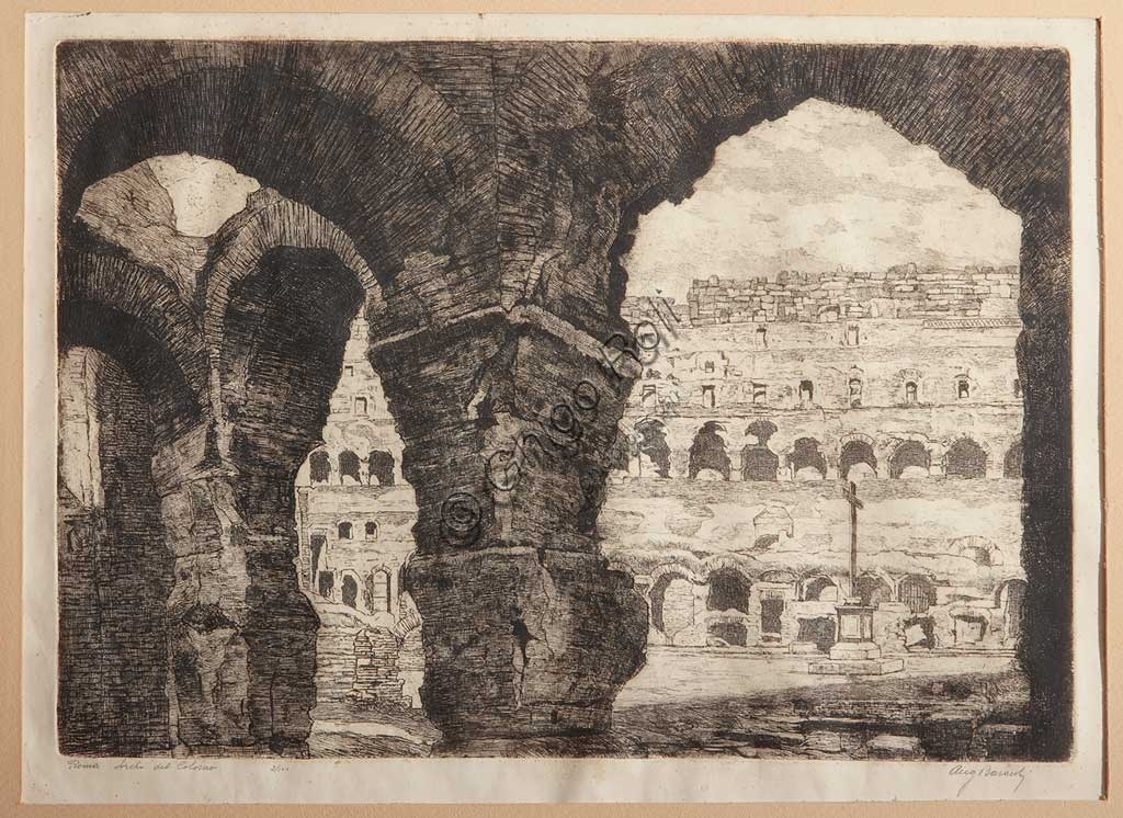 Acquaforte di Augusto Baracchi 'Roma, Archi del Colosseo', dettaglio architettonico dell'anfiteatro Flavio, stampa d'arte italiana su carta.