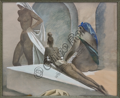 Bagno turco, tempera su carta di Marcello Dudovich, 1940 - opera d'arte con figura femminile