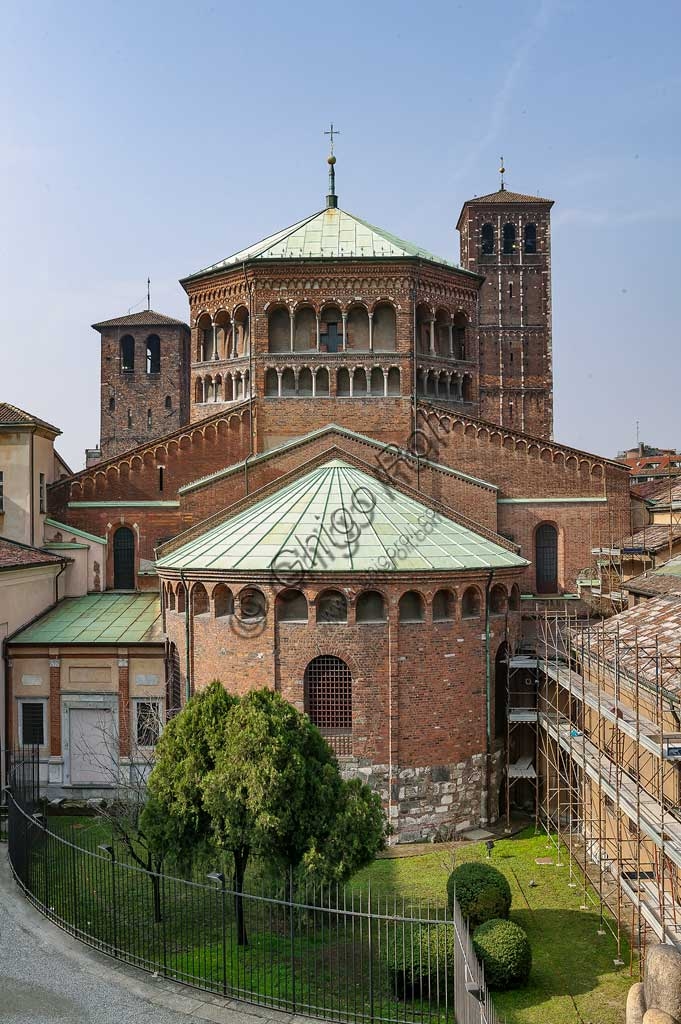 Side view of the Romanesque apses of the Basilica of Sant'Ambrogio in Milan, brick architecture