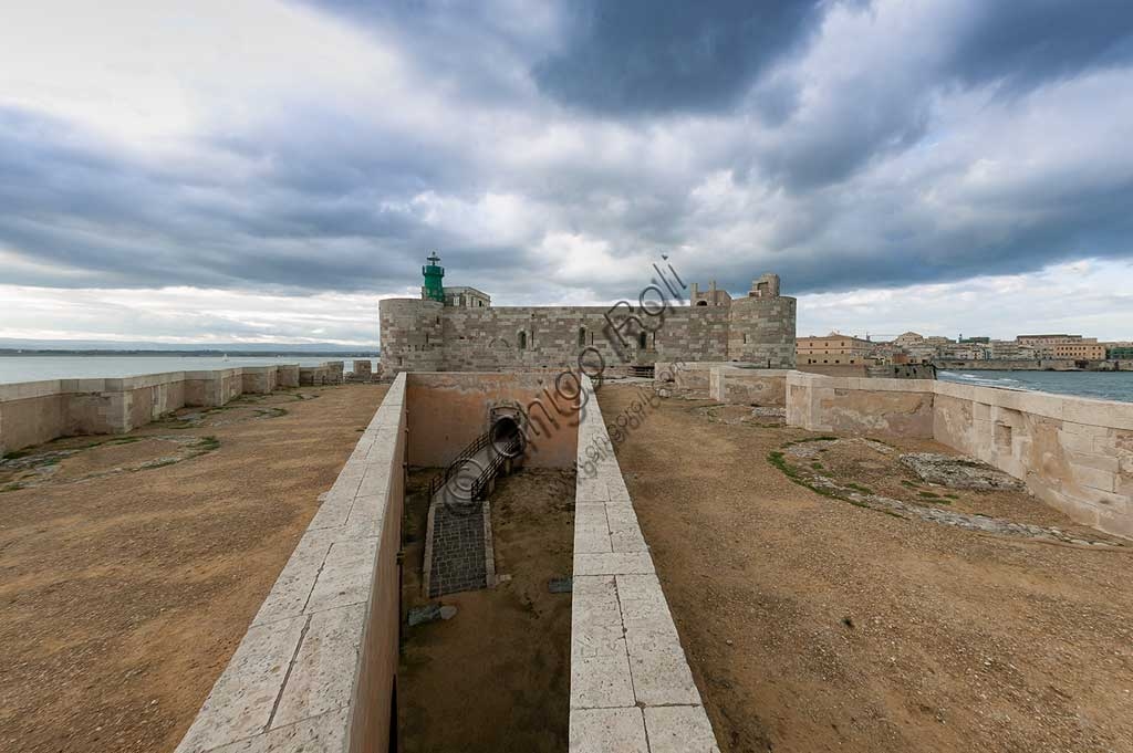 View of the bastions of Maniace Castle in Syracuse, on the island of Ortigia, Sicily