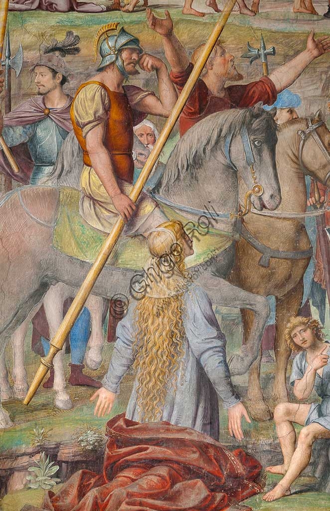 Dettaglio dell'affresco di Bernardino Luini con donna e soldato a cavallo, Chiesa di Santa Maria degli Angeli, Lugano, 1529.