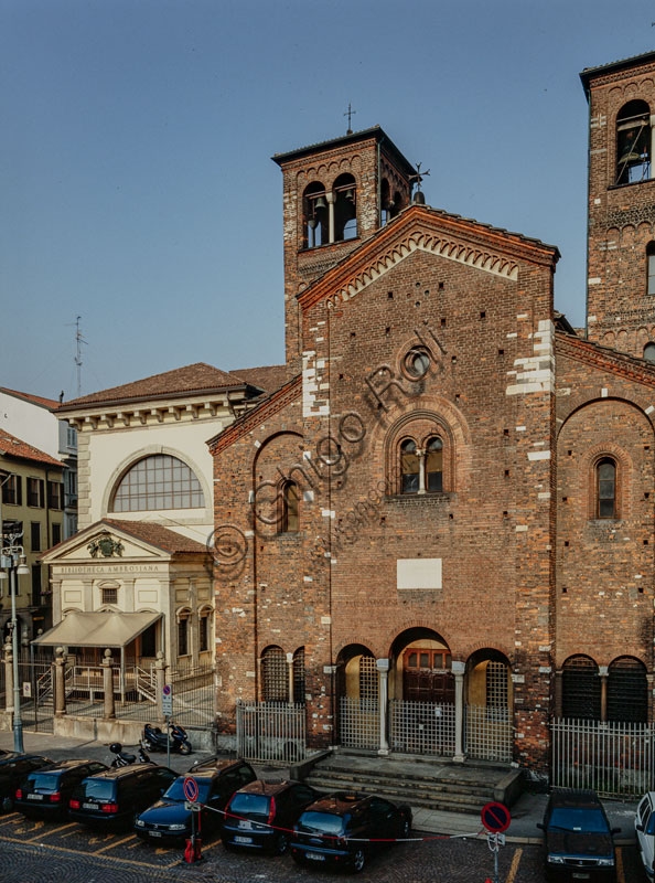 Historic facade of the Veneranda Biblioteca Ambrosiana and the Church of San Sepolcro in Milan