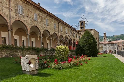 External stone porch of St. Colombanus Abbey in Bobbio, Emilia-Romagna, Italy