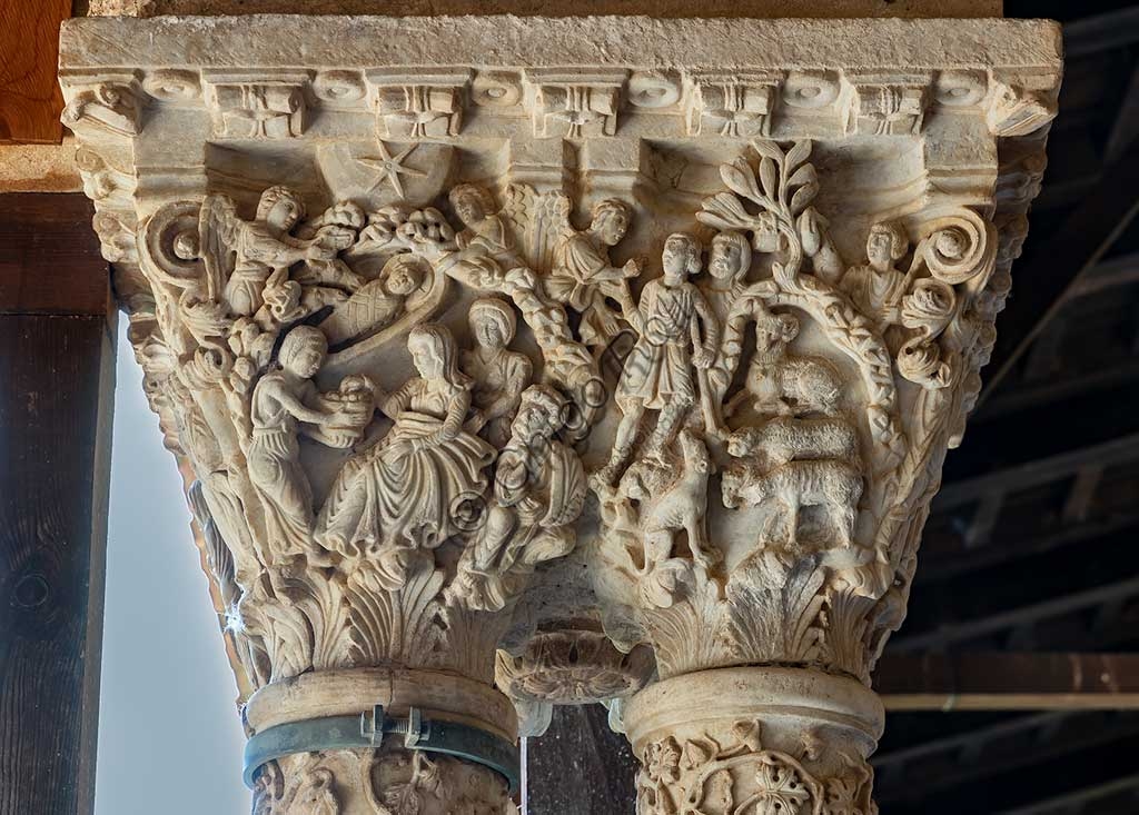 Sculpture of capital E 1 with the Nativity scene, cloister of Monreale Cathedral, Palermo