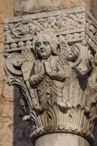 Romanesque sculpted capital of the prothyrum on the main portal of Piacenza Cathedral