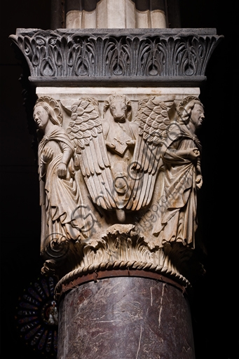 Sculpted capital with St. Luke's symbol (ox), central nave of Genoa Cathedral, work by the Master of the Angels (1307)