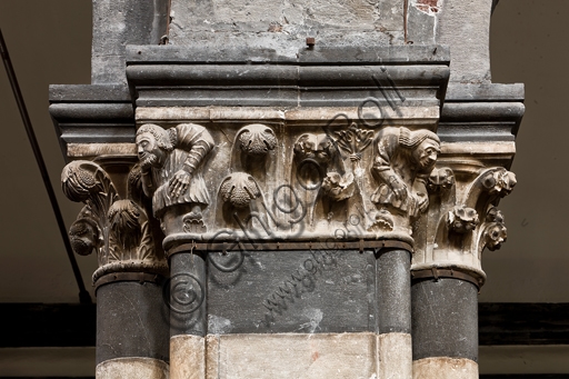 Sculptural detail of the capital with telamons, left matroneum, St. Lawrence Cathedral, Genoa