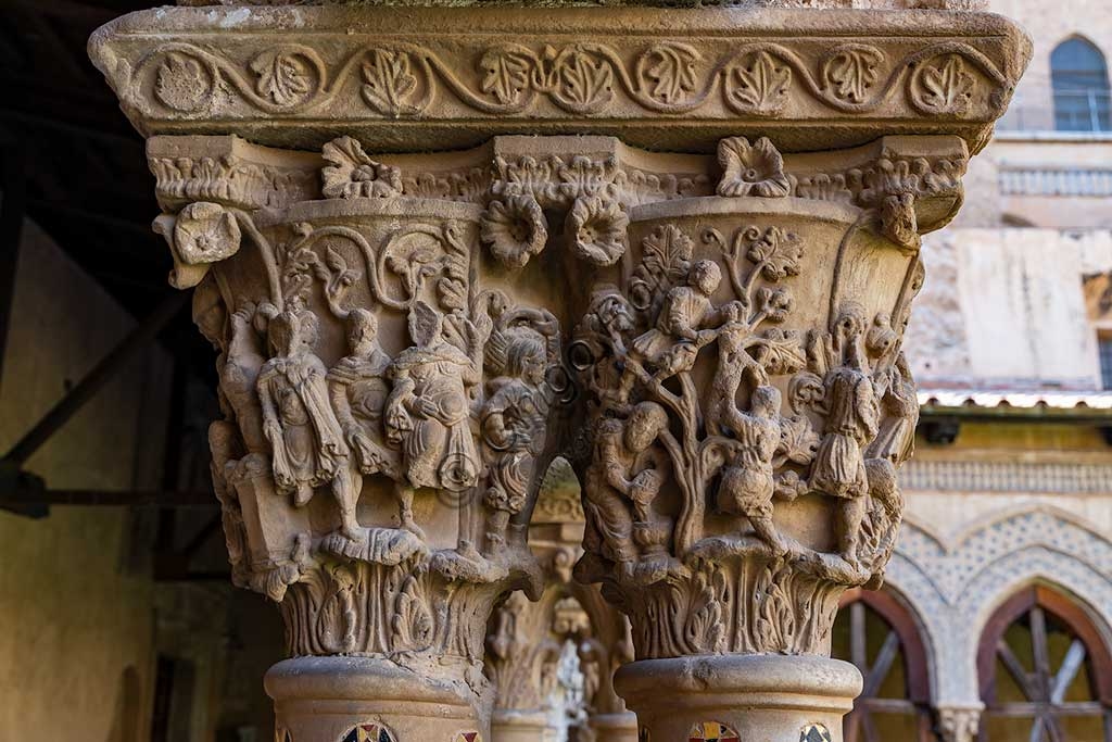 Sculpted capital W20, Southern face, Monreale Cathedral cloister: scenes of Noah and his sons in the vineyard, 12th century