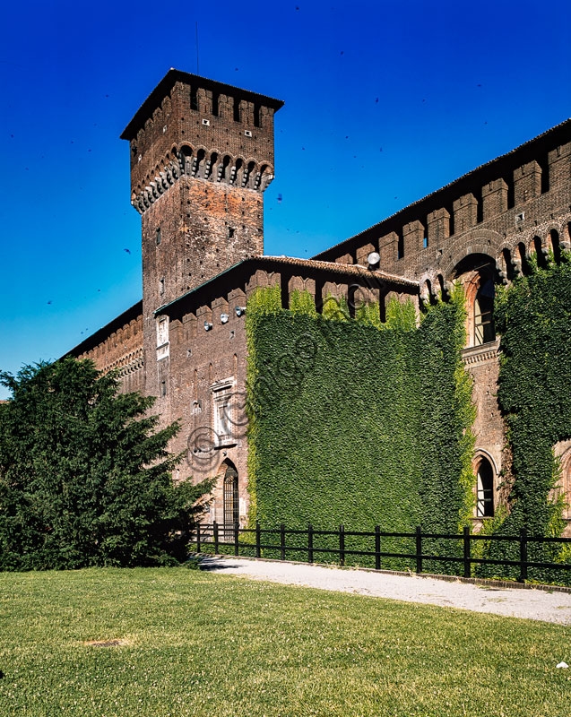 Architectural photography of the Tower of Bona and the vestibule of Sforza Castle in Milan, a historic building from 1476.