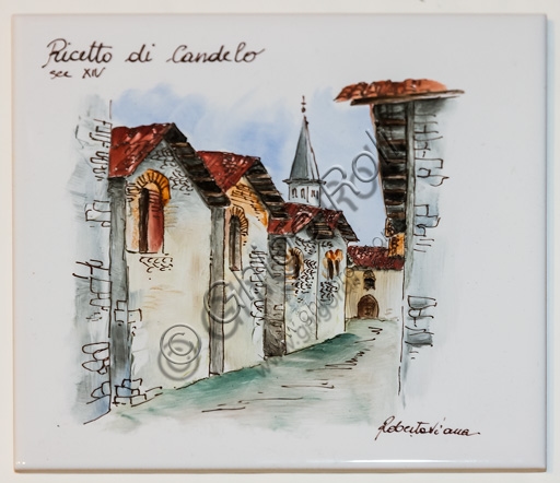 Handmade ceramic depicting the medieval Ricetto of Candelo, Piedmont, Roberta Viana workshop