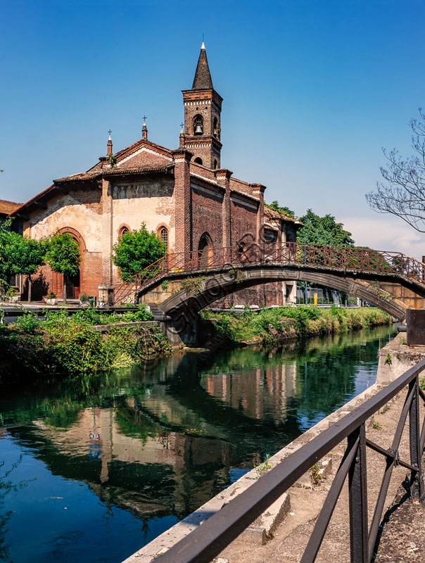 Facade and interior of the San Cristoforo al Naviglio Church in Milan, examples of Romanesque and Gothic architecture