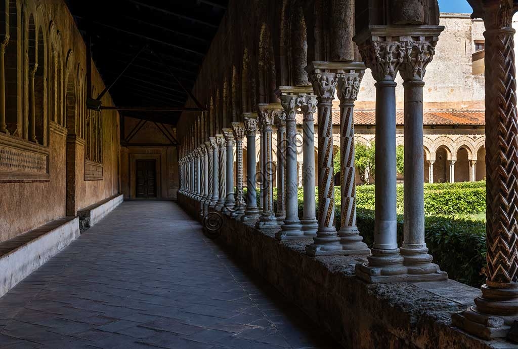 View of the western side of the cloister at Monreale Cathedral, Sicily, 12th century Norman architecture