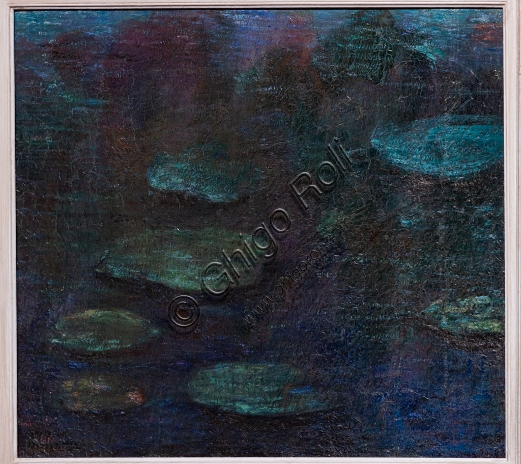 Water Lilies painting by Claude Monet, 1898 oil on canvas, close-up of water lily flower